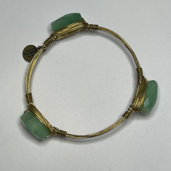 BOURBON & BOWETIES gold tone bracelet bangle mint green cut stone signed jewelry - Picture 1 of 7